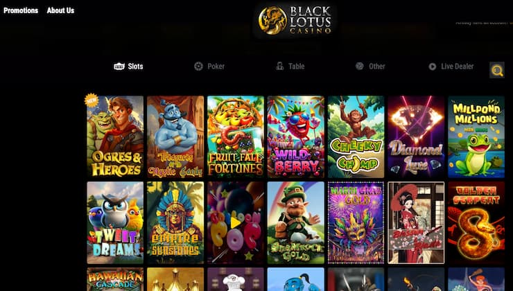 An image of the main screen from Black Lotus, a popular option among casinos that accept prepaid Visa card.